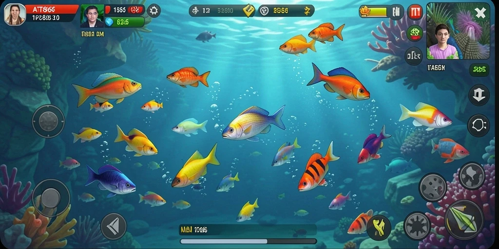 Screenshot menampilkan aksion menembak ikan dengan efek grafis yang menarik.