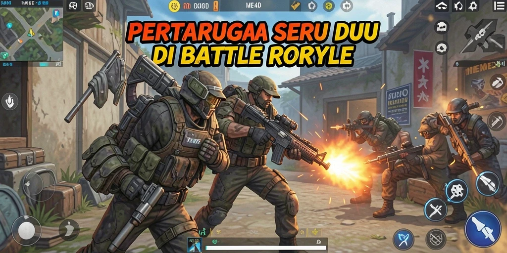 Tangkapan layar utama MEME4D menampilkan aksi seru dalam pertarungan Battle Royale.