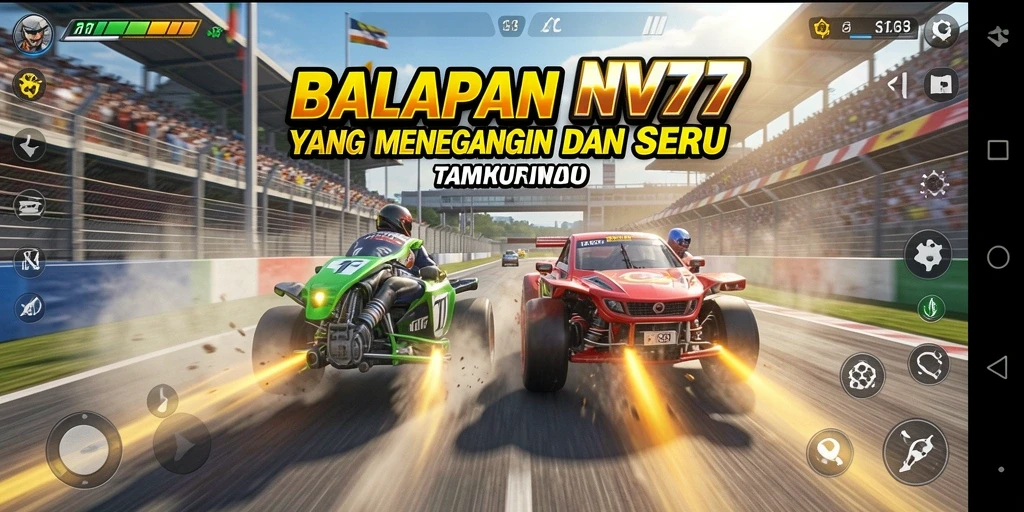 Gameplay seru di NV77 dengan mobil balap berkecepatan tinggi.