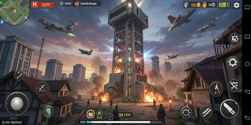 Screenshot gameplay QQRP menampilkan pertarungan menara yang intens.