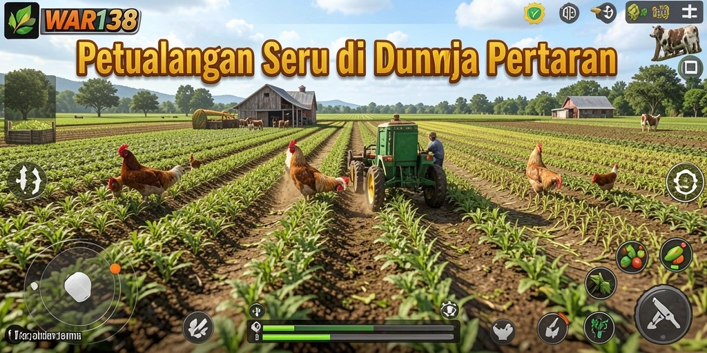 Screenshot gameplay <strong>WAR138</strong> menampilkan kebun yang rimbun dan penuh aktivitas peternakan.